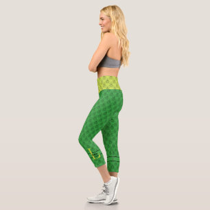 Leggings Capri Coeurs verts Monogramme & Nom Personnalisé
