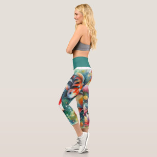 Leggings Capri Coloré Koi Poisson Whimsical Aquarelle Orange Turq
