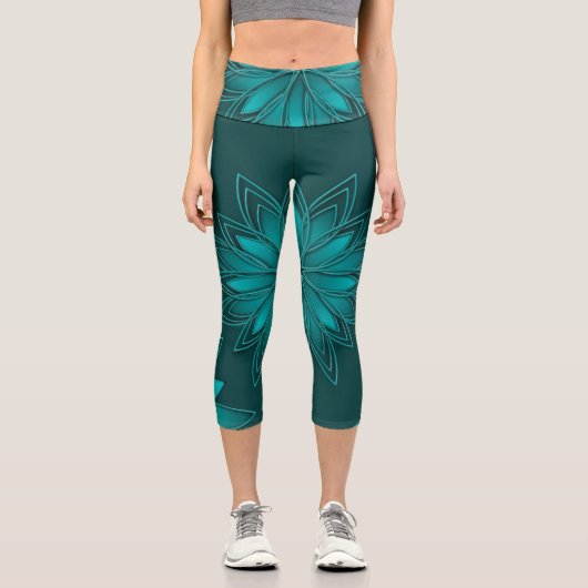 Leggings Capri Conception de mandala à feuilles sarcelles sur fon (Recto)