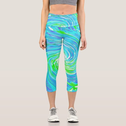 Leggings Capri Cool Abstrait Retro Aqua et Lime Green Swirl (Recto)