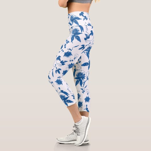 Leggings Capri Cool Moderne Elégant Bleu Floral Toile  (Gauche)