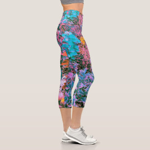 Leggings Capri Corail abstrait, feuillage de jardin rose vert et
