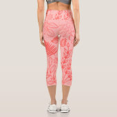 Leggings Capri Coral Red Tropical Floral Pattern  (Verso)