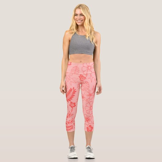Leggings Capri Coral Red Tropical Floral Pattern  (Recto)
