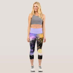 Leggings Capri Coucher de soleil cosmique et coloré avec silhouet