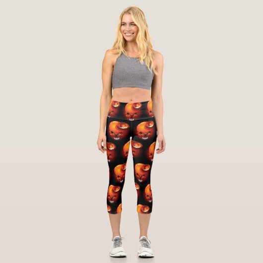 Leggings Capri Crâne d'Halloween et Citrouille (Recto)