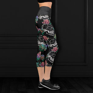 Leggings Capri Crânes et Roses Ombre Gothique Glam Pastel Grung
