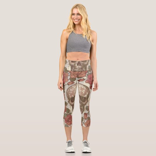 Leggings Capri Crânes rétro et ornement Rose (Recto)