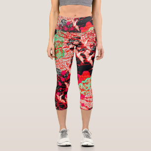 Leggings Capri CRANES VOLANTES AVEC FLEURS PRINTEMPS Rouge Noir