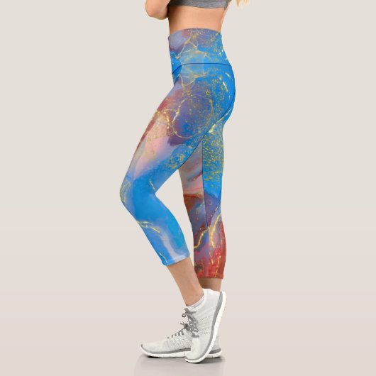 Leggings Capri Crimson, Blush, Blue and Gold Marbled Alcohol Ink (Gauche)