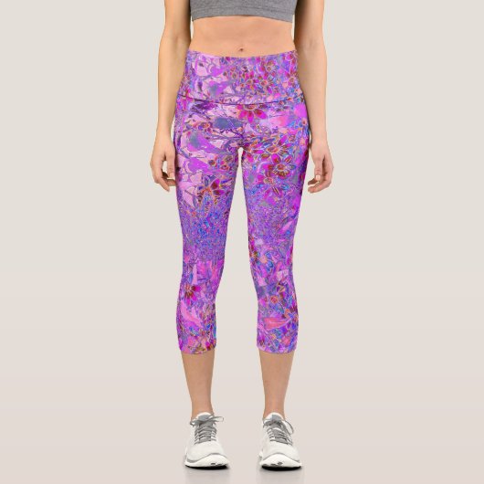 Leggings Capri Crimson coloré, Fleurs sauvages magenta et bleu (Recto)