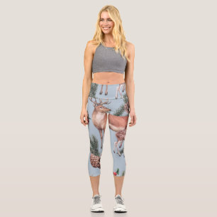 Leggings Capri Croquis animal d'hiver, arrière - plan bleu.