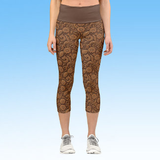 Leggings Capri Cuir Faux Vintage avec Motif Floral en Relief