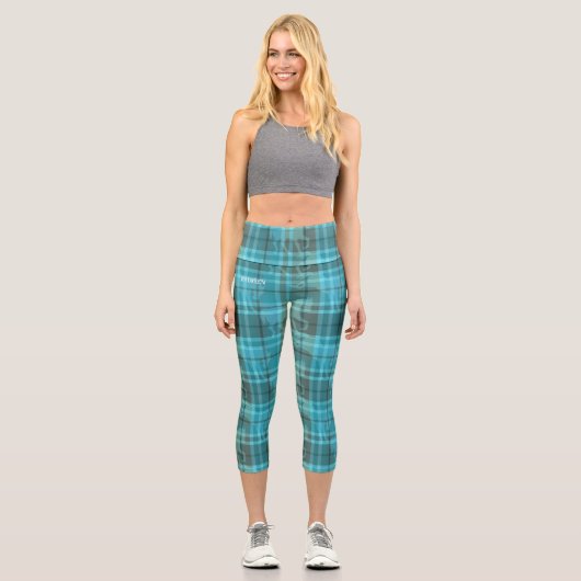 Leggings Capri Custom preppy aqua blue turquoise horse tartan (Recto)