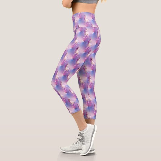 Leggings Capri Cute Unicorne Blanche Avec Rose & Bleu Mane (Gauche)