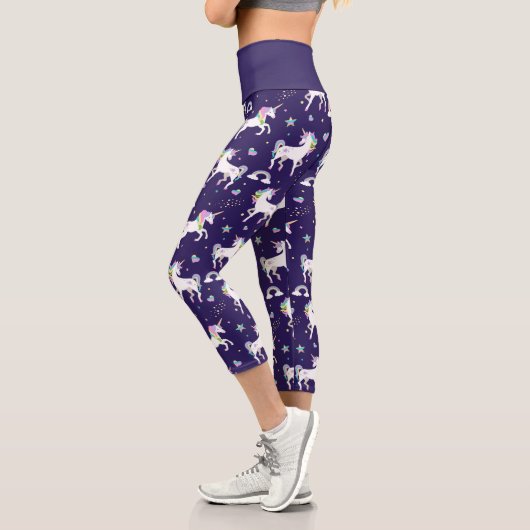Leggings Capri Cute Violet Arc-En-Ciel Coeurs Et Étoiles Unicorne (Gauche)