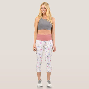 Leggings Capri Dainty Rose Purple Fleurs Yoga Exercice