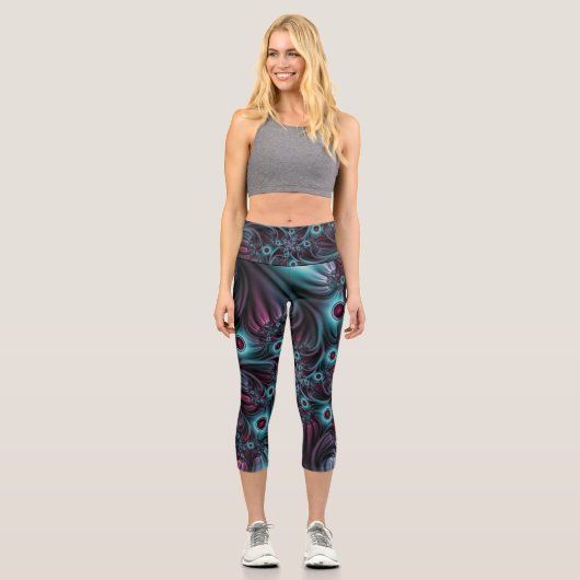 Leggings Capri Dans la profondeur Bleu rose Abstrait Fractal Art (Recto)