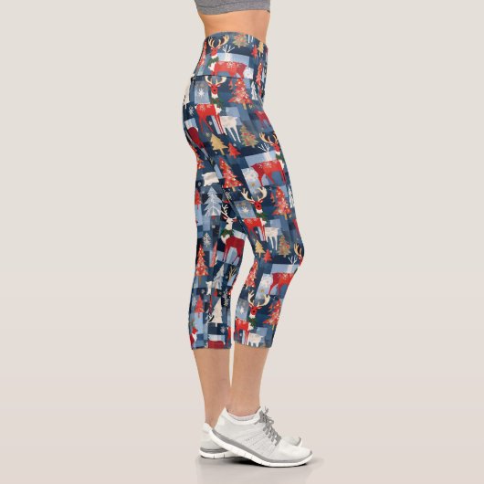 Leggings Capri Denim Patchwork Plaid Arbres de Noël et rennes (Droite)