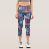 Leggings Capri Denim patchwork rouge et bleu | Motif rustique mod (Recto)