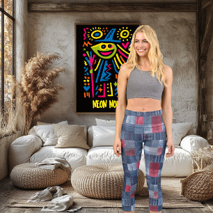 Leggings Capri Denim patchwork rouge et bleu Motif rustique mod