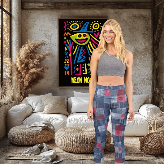 Leggings Capri Denim patchwork rouge et bleu | Motif rustique mod