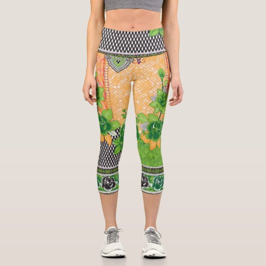 Leggings Capri design d'un mur vert et jaune suspendu (Recto)
