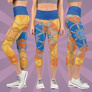 Leggings Capri Dessin Mandala bleu orange et jaune