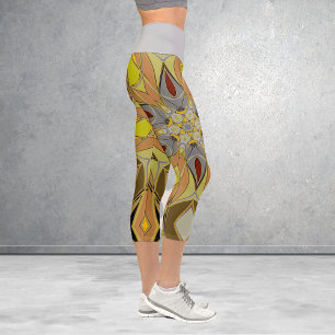 Leggings Capri Dessin Mandala Fleur Jaune Gris et Rouge