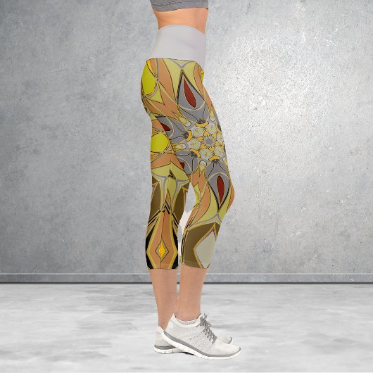Leggings Capri Dessin Mandala Fleur Jaune Gris et Rouge