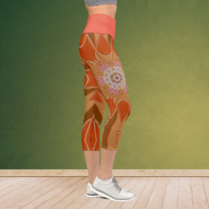 Leggings Capri Dessin Mandala Fleur orange et rose