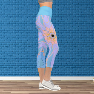 Leggings Capri Dessin Mandala Flower bleu et jaune