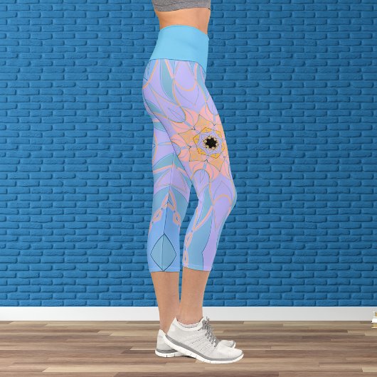 Leggings Capri Dessin Mandala Flower bleu et jaune