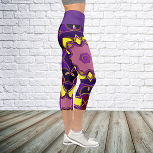Leggings Capri Dessin Mandala Flower jaune et violet