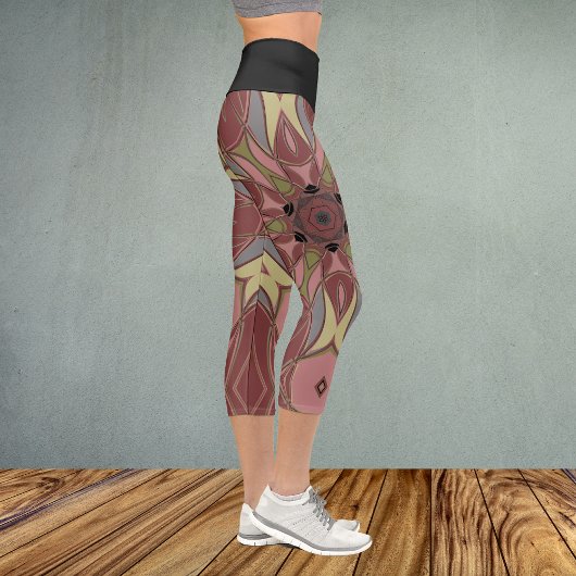 Leggings Capri Dessin Mandala Flower rose et jaune