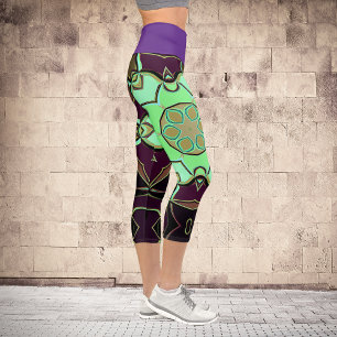 Leggings Capri Dessin Mandala Flower vert violet et noir