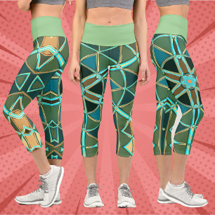 Leggings Capri Dessin Mandala Vert bleu et jaune