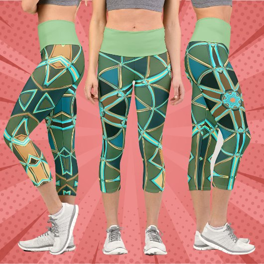 Leggings Capri Dessin Mandala Vert bleu et jaune