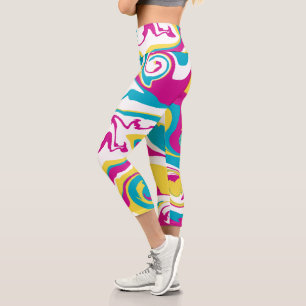 Leggings Capri Déversement - Turquoise, Jaune, Rose et Blanc
