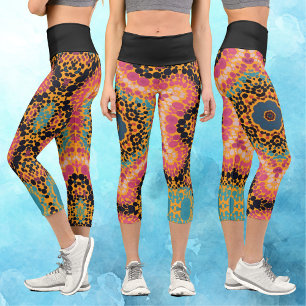 Leggings Capri Dot Mandala bleu rose noir et jaune