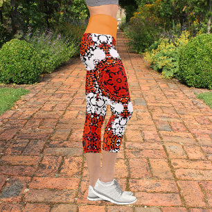 Leggings Capri Dot Mandala Fleur orange blanc et rouge
