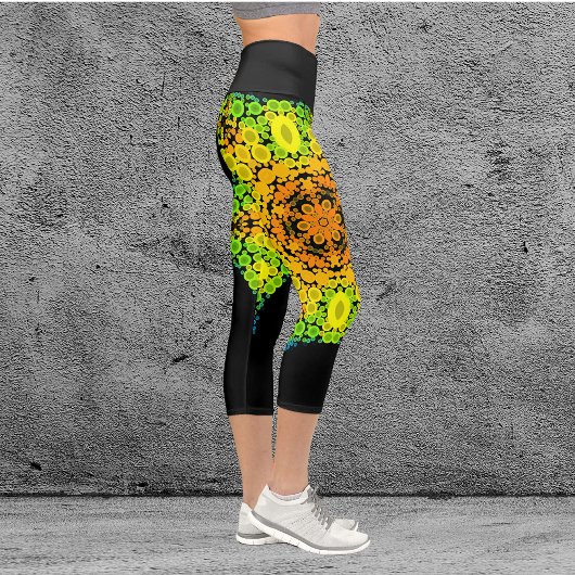 Leggings Capri Dot Mandala Fleur orange jaune vert et bleu