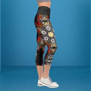 Leggings Capri Dot Mandala Fleur rouge jaune et gris