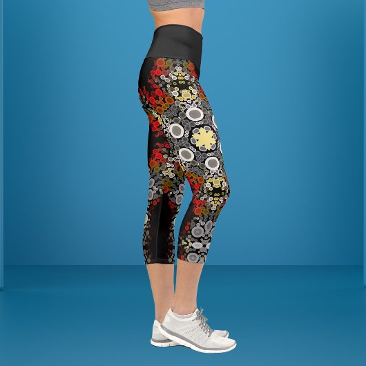 Leggings Capri Dot Mandala Fleur rouge jaune et gris