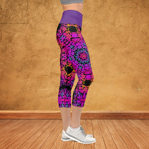 Leggings Capri Dot Mandala Flower rose bleu et orange