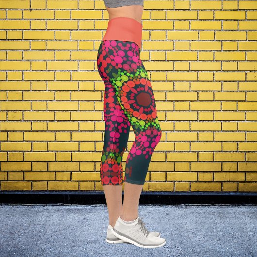 Leggings Capri Dot Mandala Flower rose vert et orange