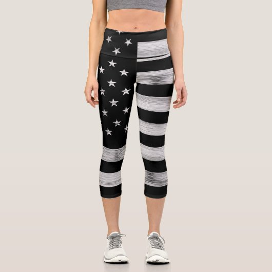 Leggings Capri Drapeau américain Bois rustique Noir Blanc Patriot (Recto)