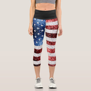 Leggings Capri drapeau américain rouge blanc brillant parties sci