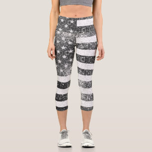 Leggings Capri Drapeau américain Rustic Black White Silver Sparki