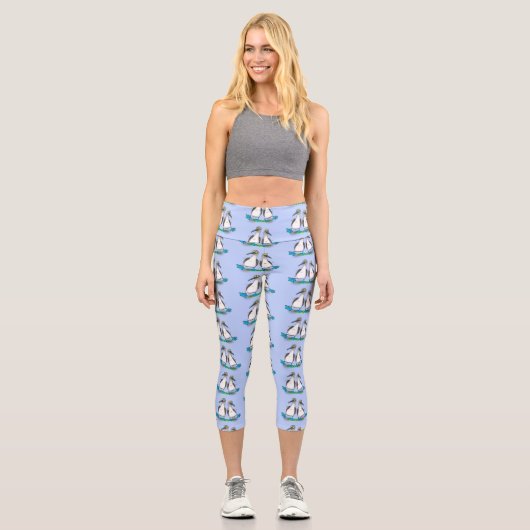 Leggings Capri Drôle, joyeux croquis à pieds bleus dansant dessin (Recto)